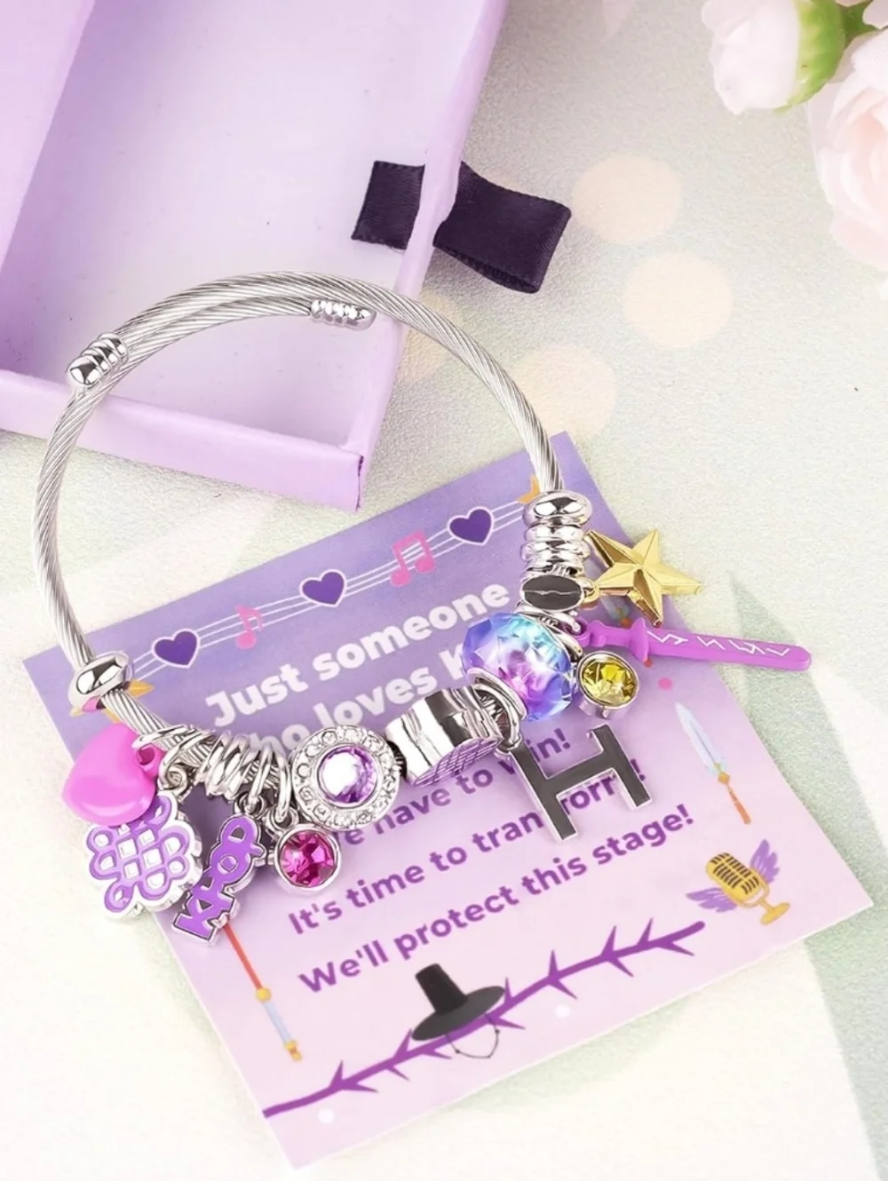 💜K-Pop Demon Hunters Themed Charm Bracelet in Purple Pink Silver